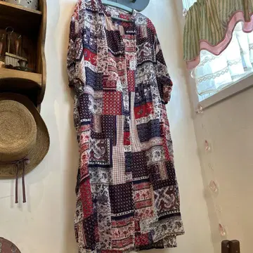 패치워크 패턴 에스닉 트리콜로 컬러 넉넉한 원피스 인도 면