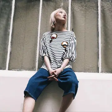 tsumori_chisato 스트라이프 5부 소매 티셔츠