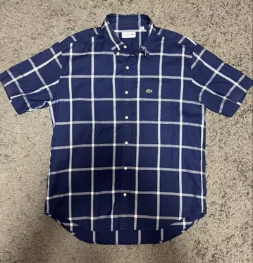 LACOSTE 네이비 체크 반팔 셔츠 FR 41 사이즈 US M/L