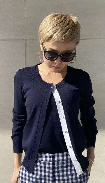 JENNE 프렌치 배색 앙상블 니트 네이비 L