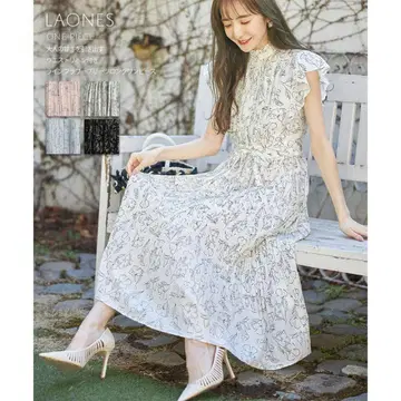 tocco closet 허리 리본 포함 라인 플라워 플리츠 롱 원피스