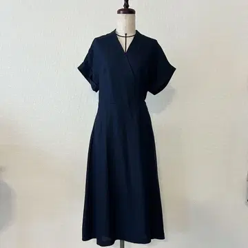 BEIGE, 베이지 카슈쿨 랩 디자인 반팔 원피스 네이비