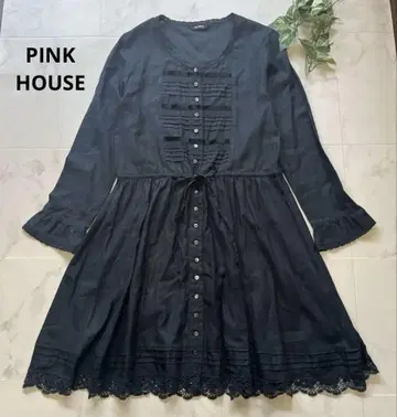 새상품급 핑크하우스 코튼 린넨 레이스 원피스 A 라인 리본 네이비