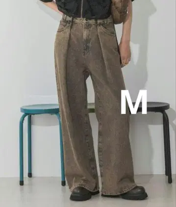 지나시스 턱 데님 와이드 팬츠 M 브라운