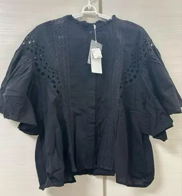 택 포함 새상품 레이스 패치워크 플레어 블라우스 블랙