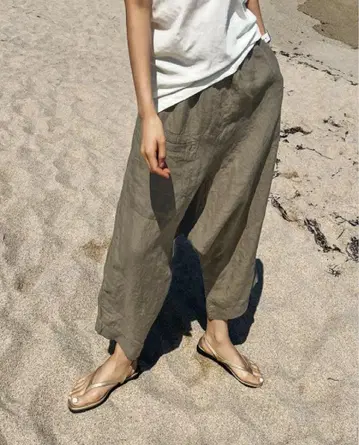 면마 카키 사루엘 팬츠/넉넉한핏/코튼 린넨/요가/허리밴딩