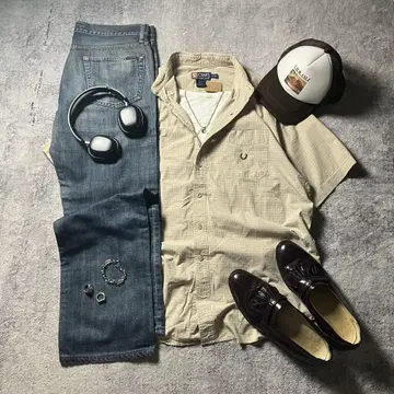 CHAPS 랄프 로렌 체크 반팔 셔츠 빅 루즈 브라운 시티 보이