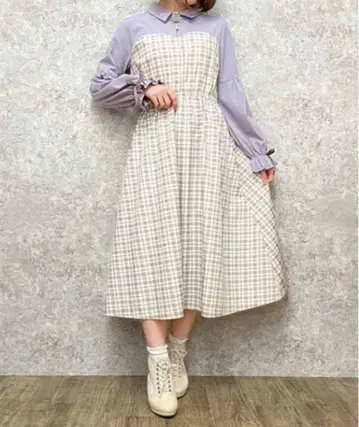 택 포함 새상품 엑시즈팜 체크 절개 뷔스티에 롱 원피스 라벤더