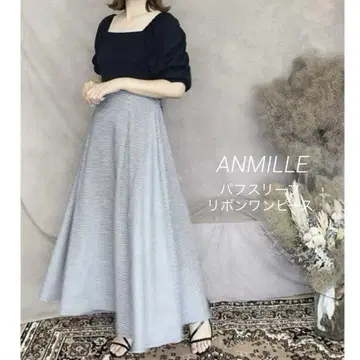 안미르 anmille 롱 원피스 리브 퍼프 슬리브 리본