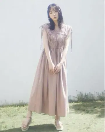 PRIVEVE 코튼 V넥 개더 원피스 핑크 더스티 핑크