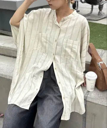 미사용 새상품 [여름 체형 커버] 린넨 레이온 돌먼 셔츠 스트라이프