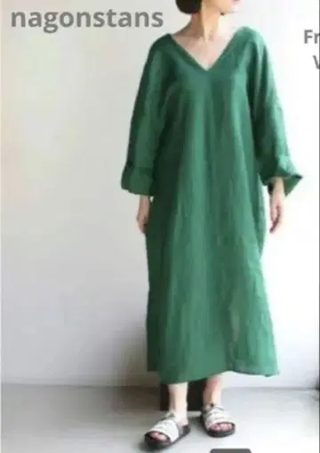 nagonstans 프렌치 린넨 V넥 드레스 그린