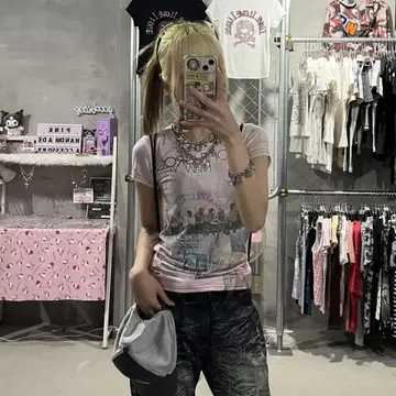 y2k 헤이세이 올 패턴 피치 T 핑크 포토 프린트