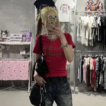y2k 헤이세이 피치 T 라메 프린트 티셔츠 로고 키라키라