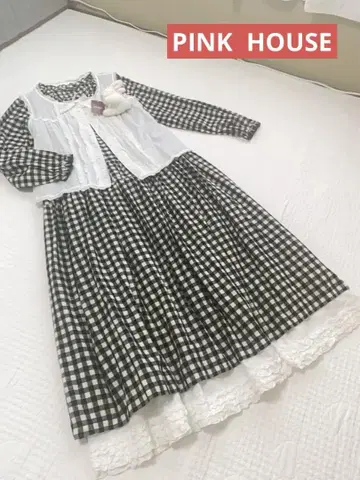 핑크하우스 원피스 맥시 길이 깅엄 체크 프릴
