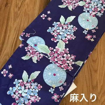 유카타 미사용 새 상품 여성용 수국 네이비 린넨 면