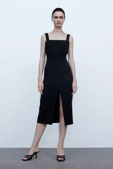 ZARA 슬리브리스 폴리 슬릿 스트레치 원피스 블랙 S