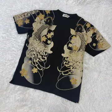 카라쿠리타마시 일본풍 패턴 티셔츠 노보리 코이 면 블랙 XL