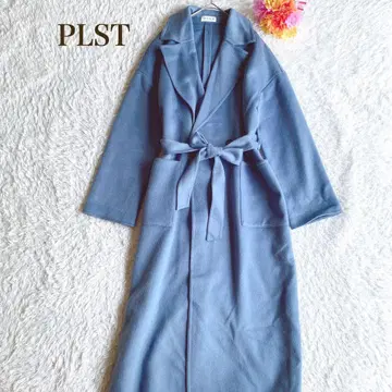 플라스테 [L] 파랑 롱 코트 허리 리본 포함 싱글 버튼 라펠 칼라