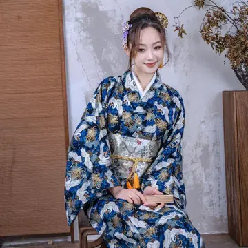후리소데 일본풍 4종 세트 파랑 학 패턴 부채 포함 여성용 기모노