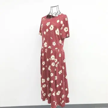 탈봇 롱 원피스 빨간색 반팔 꽃무늬 레트로 모던 코튼 100%