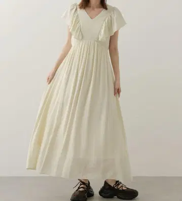 V 넥 허리 마크 프릴 원피스