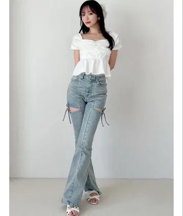 리젝시 컷 아웃 리본 데님 팬츠 XS 아이스 블루 택 포함