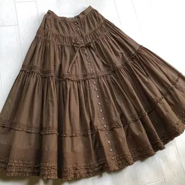 잉게보그 면 로운 핀턱 피코 프릴 브라운 스커트