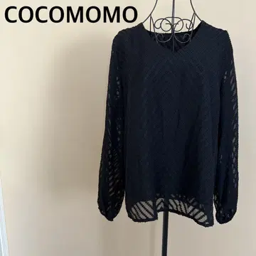 [ COCOMOMO ] V넥 긴팔 상의/시스루/블랙/블랙/심플