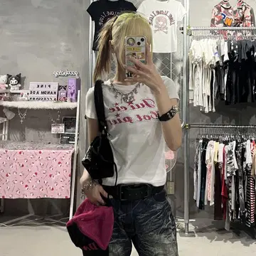 라메 프린트 피치 T 반짝반짝 헤이세이 y2k 핑크 별