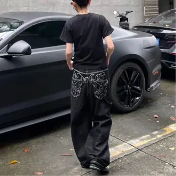 M 배기 데님 자수 와이드 청바지 데님 블랙 아메리칸