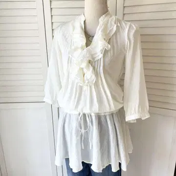 랄프 로렌 폴로 청바지 프릴 블라우스 튜닉 화이트