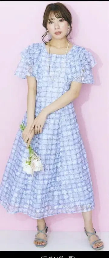 체크 무늬 & 프릴 소매 원피스