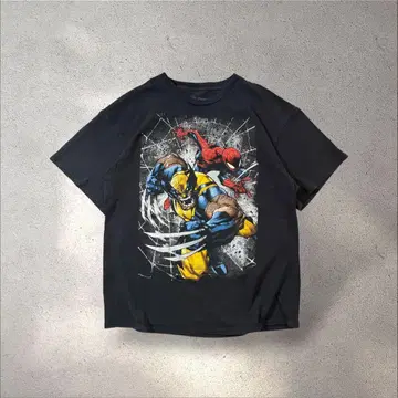 MARVEL 스파이더맨 x 울버린 프린트 티셔츠 블랙 페이드 데미지