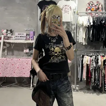 해골 반짝이 피치 T y2k 그런지 반팔 티셔츠 라메 해골