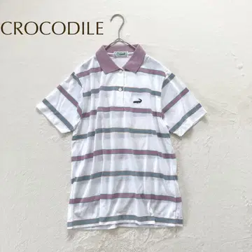 크로커다일 반팔 피케 셔츠 보더 무늬 (M) 레트로풍 면 와펜