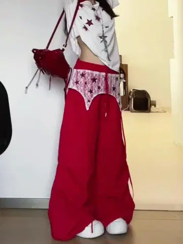 [새 상품] 빅사이즈 넉넉한 스트릿 팬츠 레드 체형 커버 5L 슬림핏