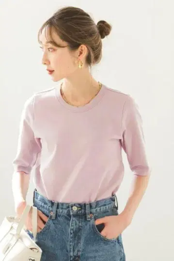 NOBLE 노블 수빈 코튼 5부 소매 T셔츠 핑크