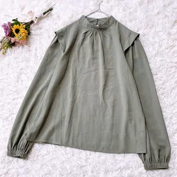 쉬인 긴팔 블라우스 프릴 퍼프 슬리브 풀오버 올리브 그린 S