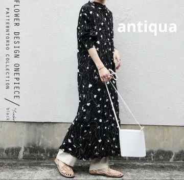 미사용 안티카 미니 꽃무늬 롱 원피스 긴팔 주름 가공 블랙