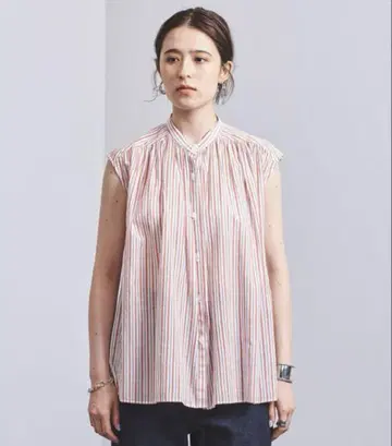 UNITED ARROWS 스트라이프 캡 슬리브 블라우스