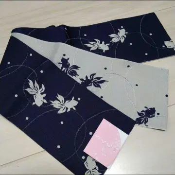새상품 일본제! 리버시블 다크 네이비 x 그레이 금붕어 반폭 오비