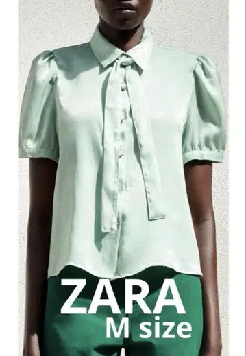 ZARA 비쥬 블라우스 리본 포함 민트 그린