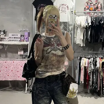 할리데이비슨 피치 탱크탑, 귀여운 그런지, y2k 슬리브리스