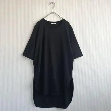 ATON 블랙 티셔츠 롱 티셔츠 상의 라운드 헴 면 에이트