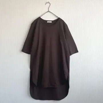 ATON 브라운 티셔츠 롱 티셔츠 상의 라운드 헴 면 에이트