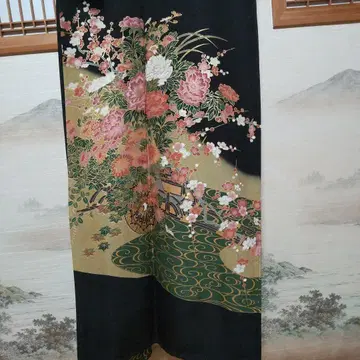 럭셔리 블랙 도메소데 폭 다섯 문양 순수 실크 겹옷 금박