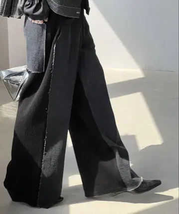블랙 와이드 팬츠 데님 포켓 부착