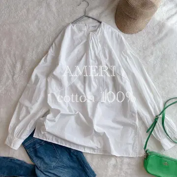 AMERI 코튼 100% 화이트 긴팔 상의 셔츠 리본 디자인 옷깃