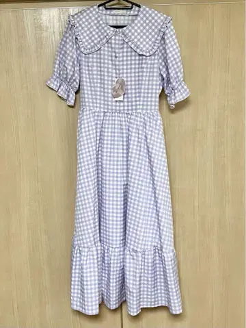 시마미사 깅엄 체크 원피스 보라색 라벤더 M 사이즈
